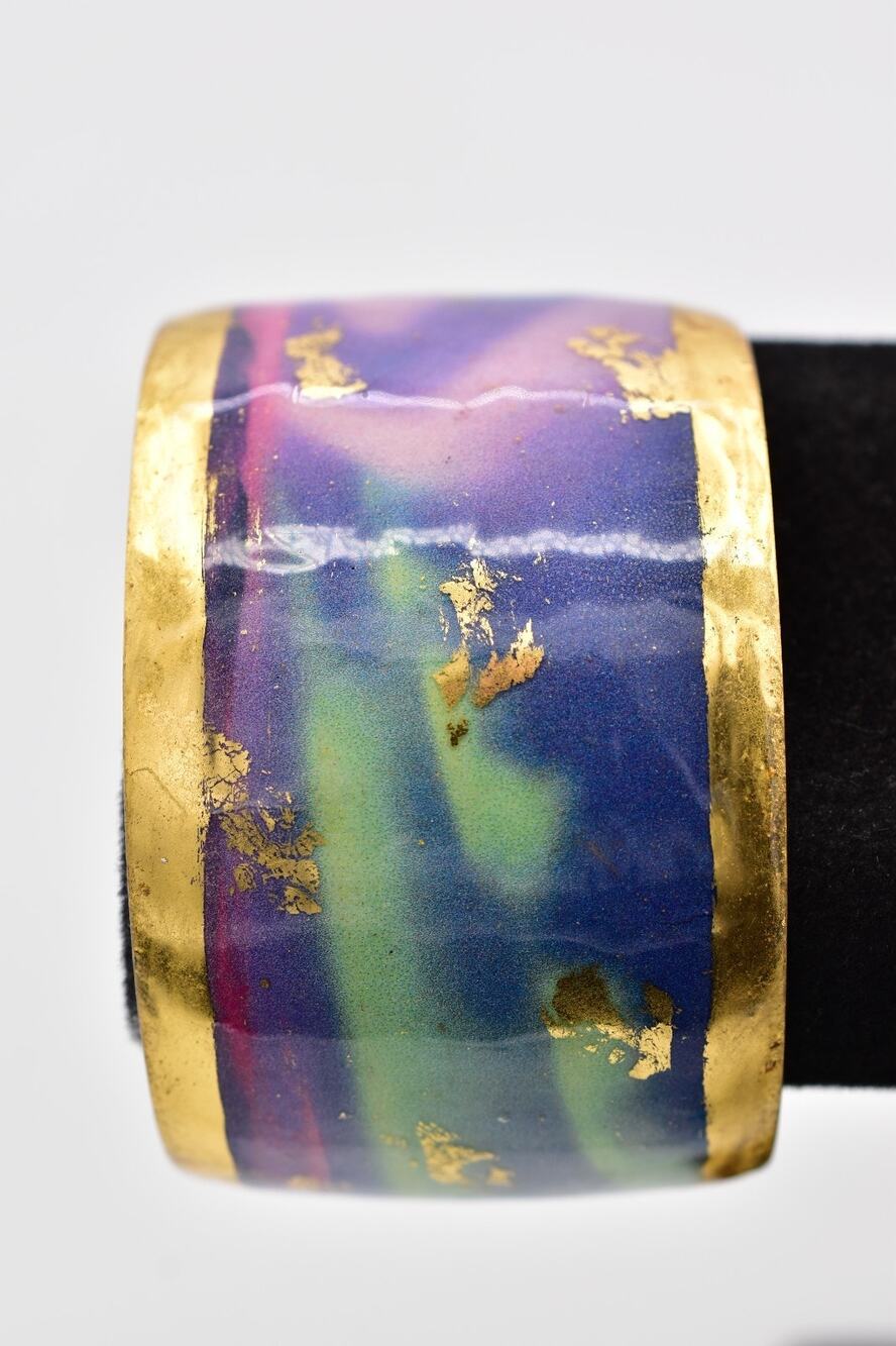 Evocateur Aurora Borealis Cuff Bracelet 22K Gold Leaf Chunky Signed RARE Bin2